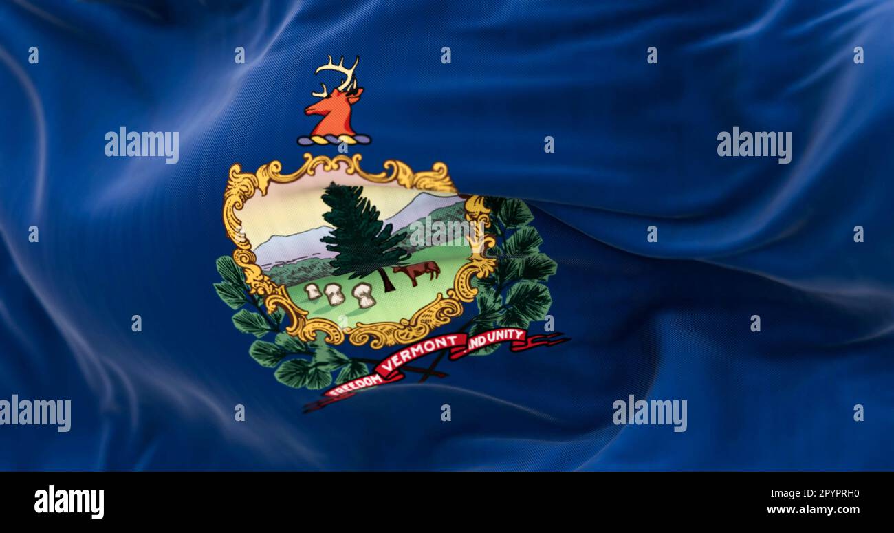 The Vermont state flag fluttering in the wind. Coat of arms and motto Freedom and Unity on a blue background. 3D illustration render. Selective focus. Stock Photo