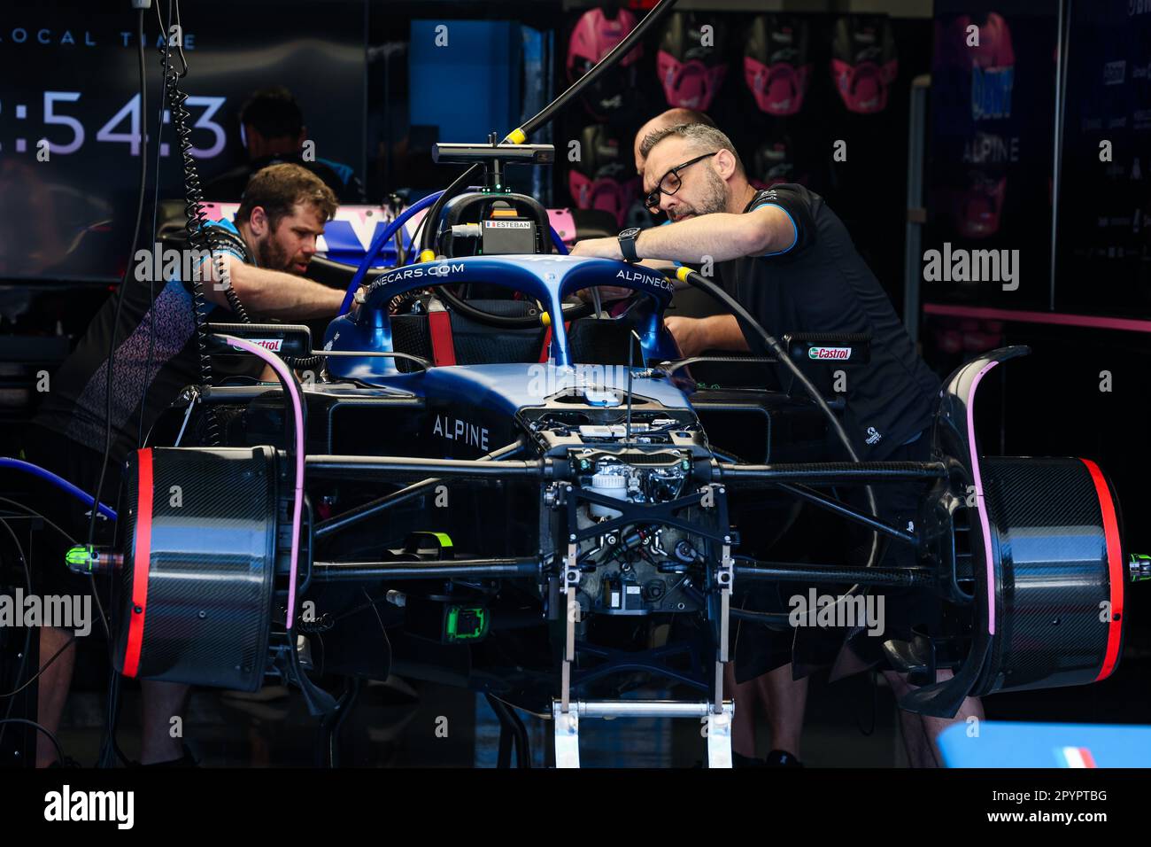Miami Gardens, Florida, United States, 04/05/2023, Alpine F1 Team A523,  mechanics working on the car in the garage, box, during the Formula 1 Crypto.com  Miami Grand Prix 2023, 5th round of the