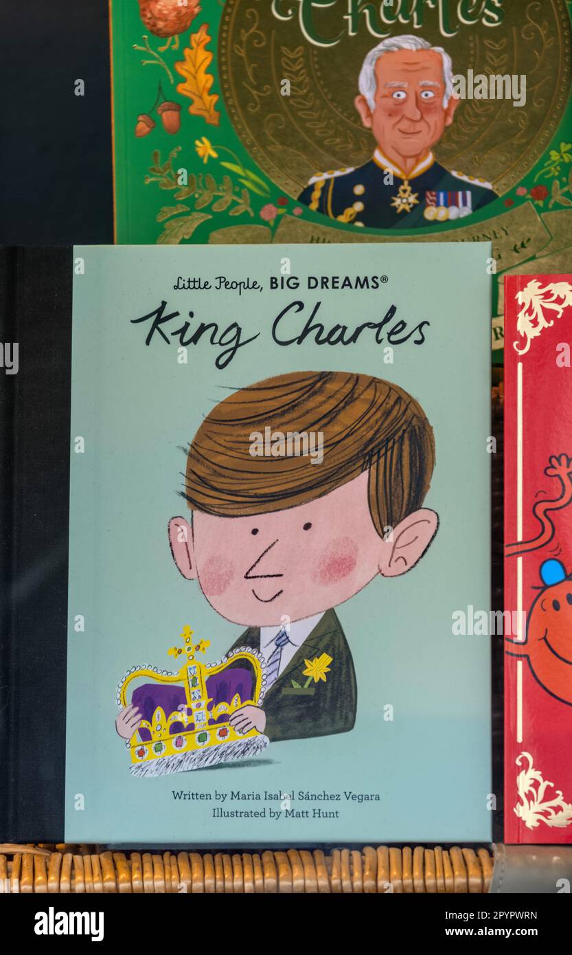Preparations and books on King Charles III and the Royal Family in the  window of Waterstones Piccadilly, London Stock Photo