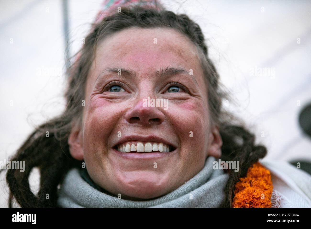 Norwegian climber Kristin Harila, smiles upon her arrival at Tribhuvan