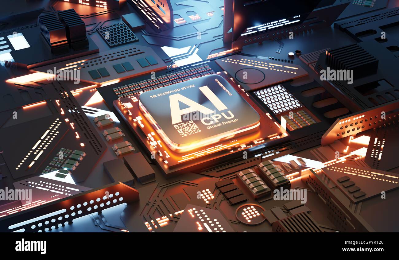 An AI Artificial Intelligence CPU processor controlling programmes and running tasks. 3D technology background Stock Photo