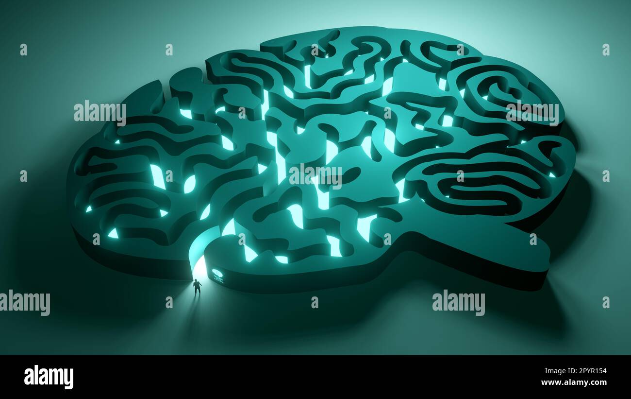 A man about to enter a puzzle maze of the humna mind. Mental wellbeing concept 3D illustration. Stock Photo