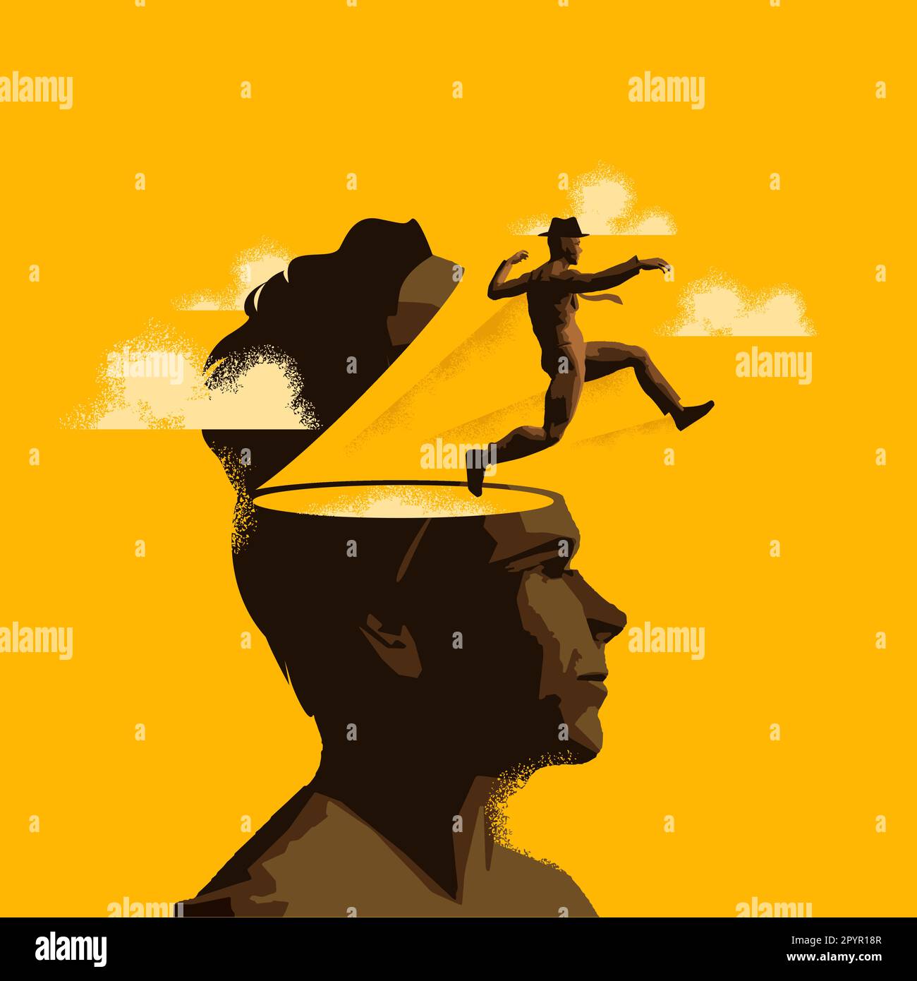 A man makes a leap out of the mind of a person. Feeling trapped, Moving on Mental health concept. Stock Vector