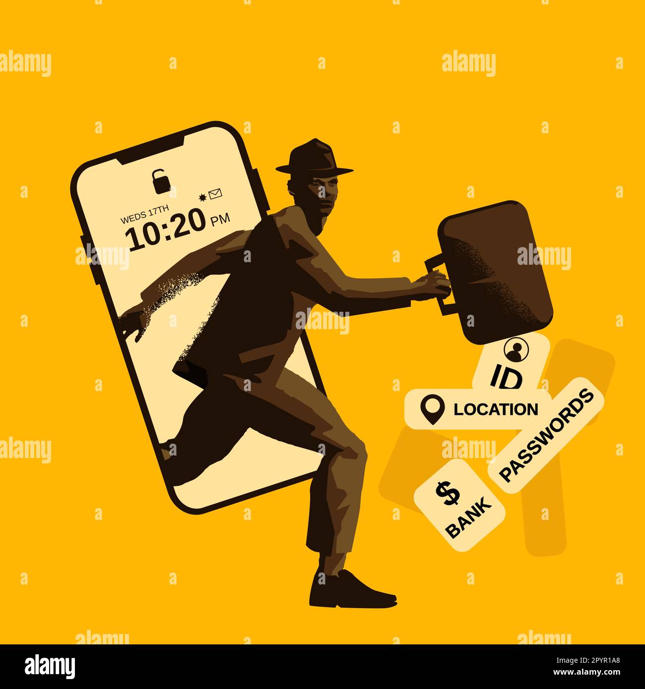Digital online identity theft and social engineering. A thief stealing personal identifiable data from a smartphone. People fraud concept vector illus Stock Vector