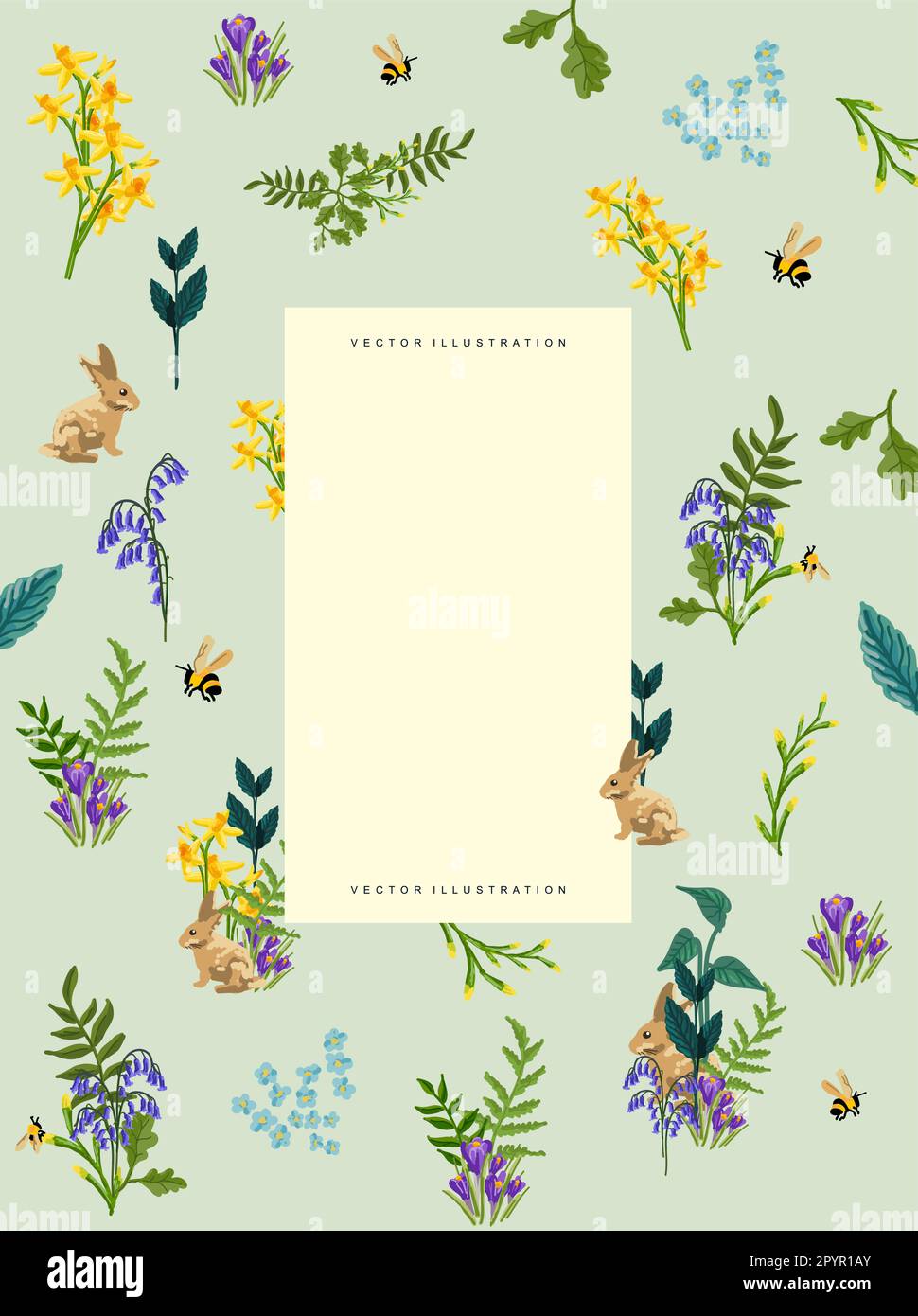 Floral Spring background layout with bluebells, daffodils and wild plants. Vector decorative layout composition Stock Vector