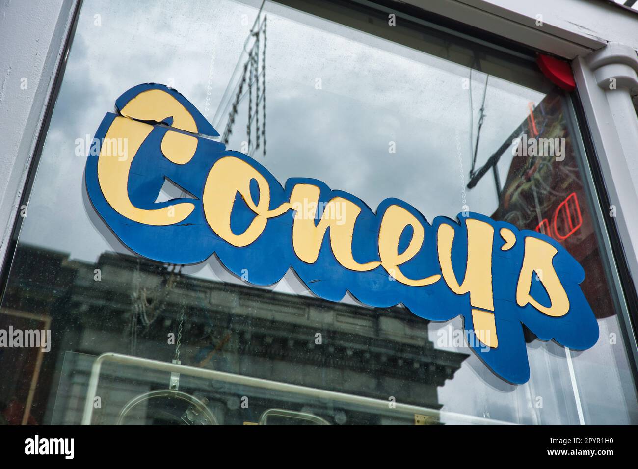 vintage coney (hot dog) sign in window in Mansfield Ohio USA Stock Photo