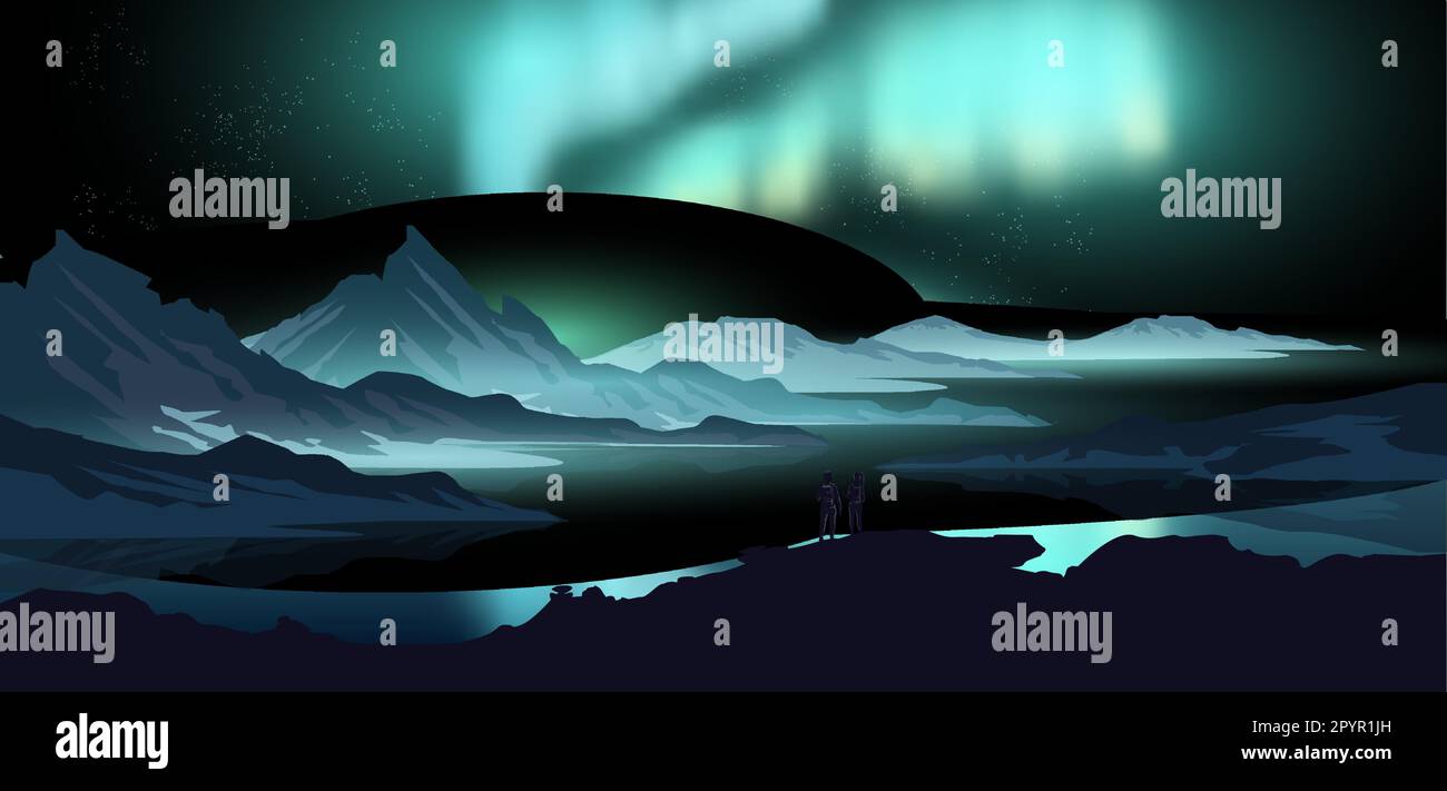 Beautiful northern lights aurora dancing in the night sky with people watching the view over the mountains. Vector illustration. Stock Vector