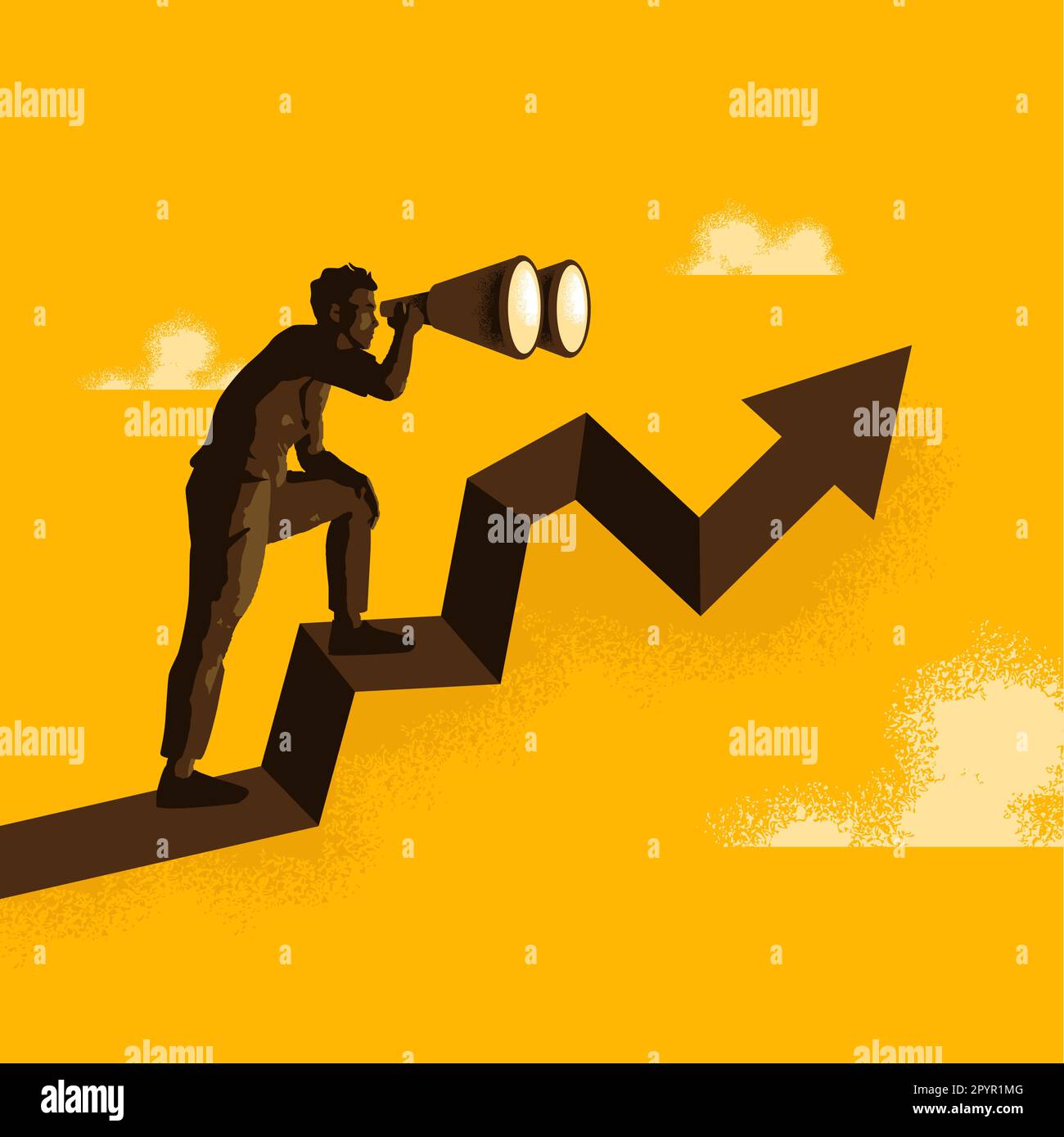 A man stands on a arrow and searches for a future reference point in uncertain times. Business and growth vector illustration concept Stock Vector