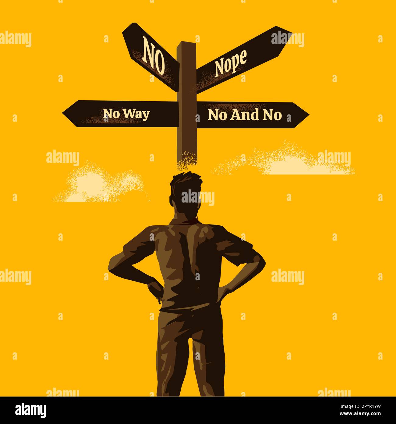 No way forward. A businessman stands and looks up at crossroad signs and gets no choice. People and future options vector illustration. Stock Vector