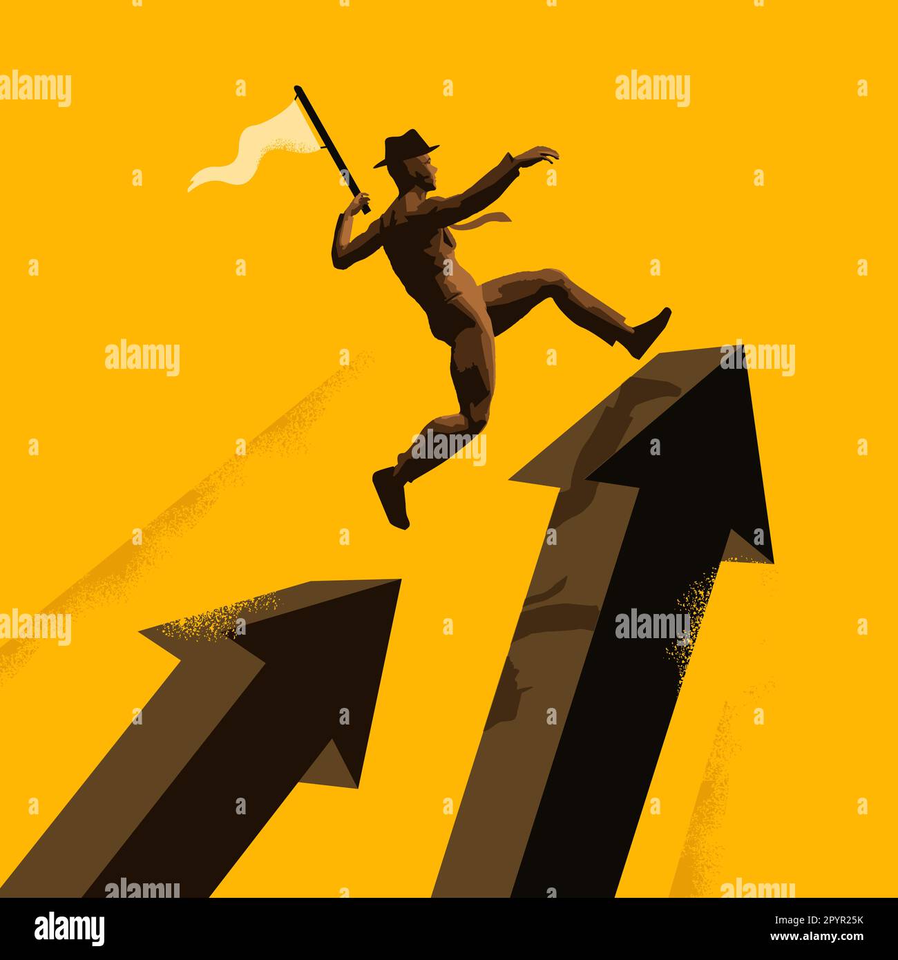 Leading the way to success. A businessman jumping over arrows carring the flag of success. Business and leadership vector illustration. Stock Vector