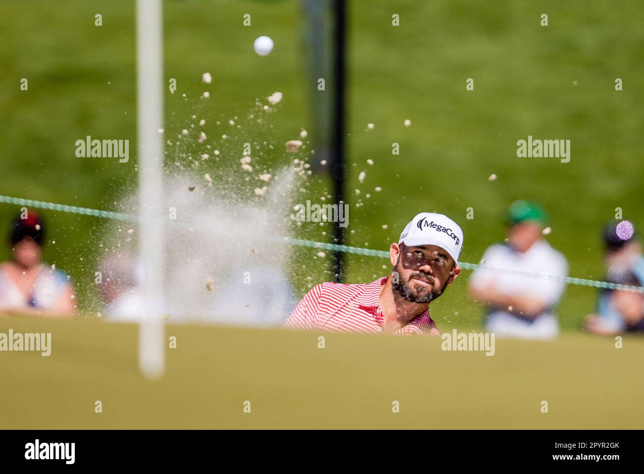 Charlotte, NC, USA. 4th May, 2023. Richy Werenski hits out of the sand onto the 5th green during the first round of the 2023 Wells Fargo Championship at Quail Hollow Club in Charlotte, NC. (Scott Kinser/Cal Sport Media)(Credit Image: © Scott Kinser/Cal Sport Media). Credit: csm/Alamy Live News Stock Photo