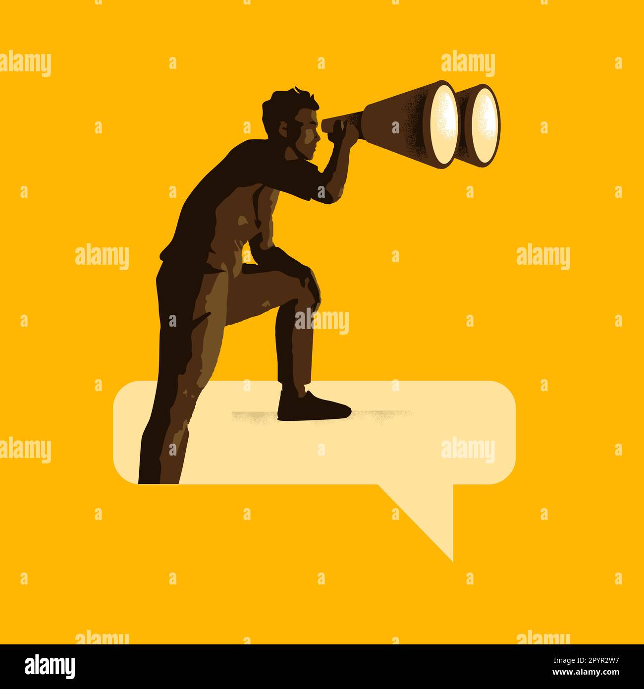 A man stands on a speech bubble searching for answers and truth. Analysing conversations, reports and assignments vector illustration. Stock Vector