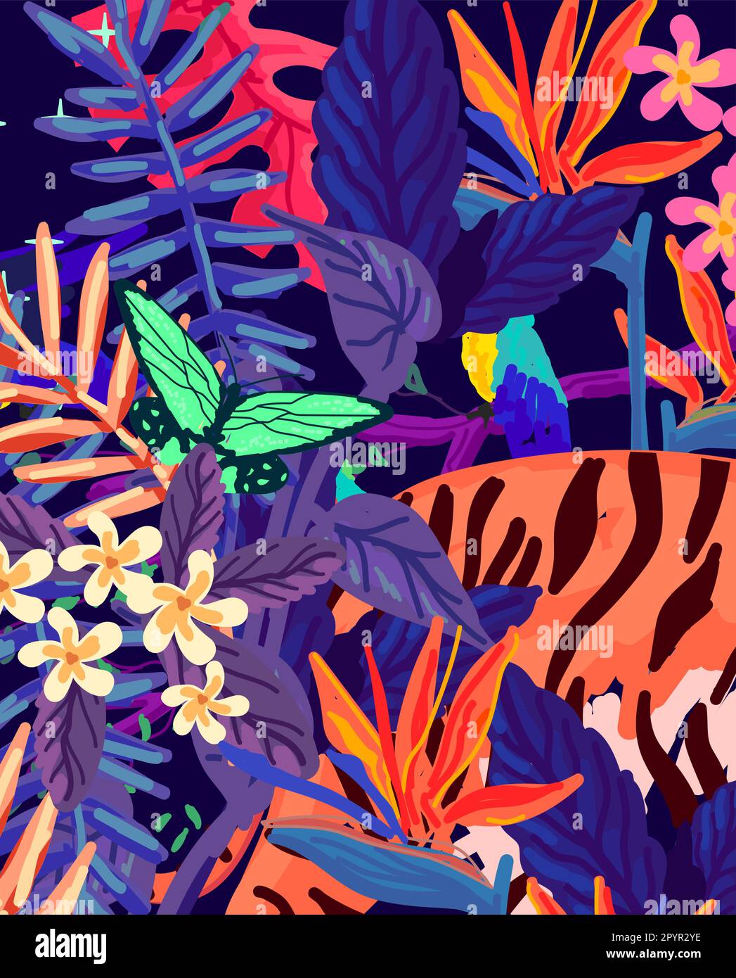 A wild and colourful midnight rainforest texture and pattern background. Stock Vector