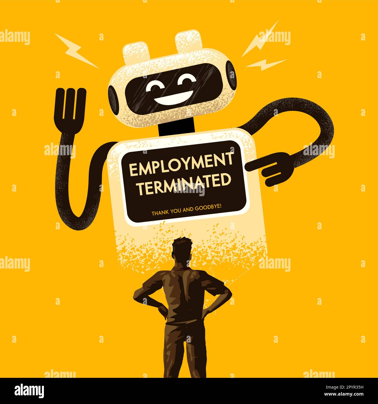 A worker has been informed by a friendly AI bot that his employment at a company has been terminated. Artificial intelligence replacing jobs, careers, Stock Vector