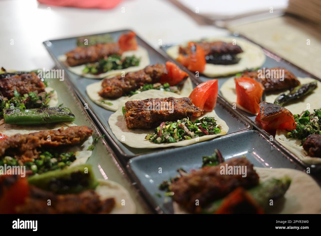 Traditional delicious Turkish foods; Turkish name; Adana kebab Stock