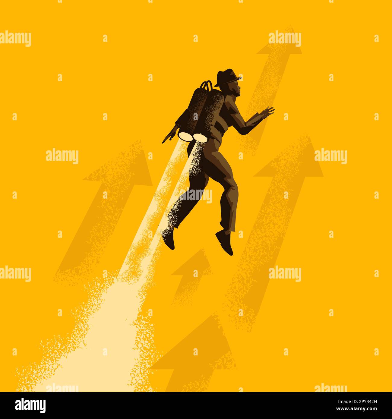 A businessman launching upwards into the sky wearing a jetpack! business and success concept vector illustration. Stock Vector