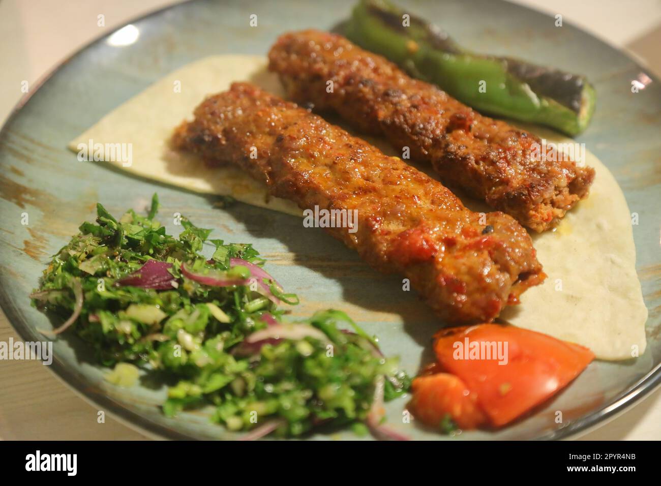 Traditional delicious Turkish foods; Turkish name; Adana kebab Stock