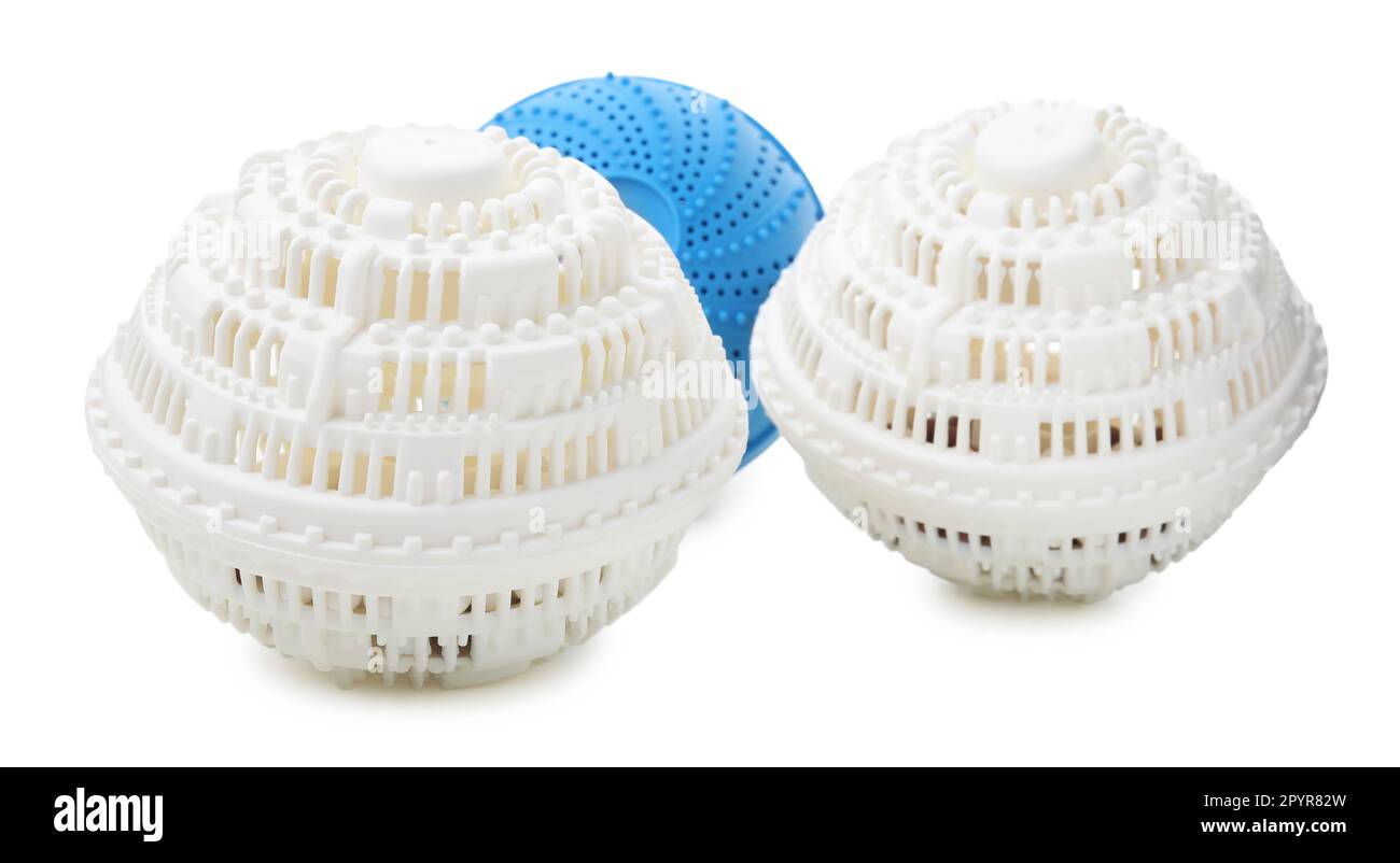 Many Dryer balls for washing machine on white background. Laundry