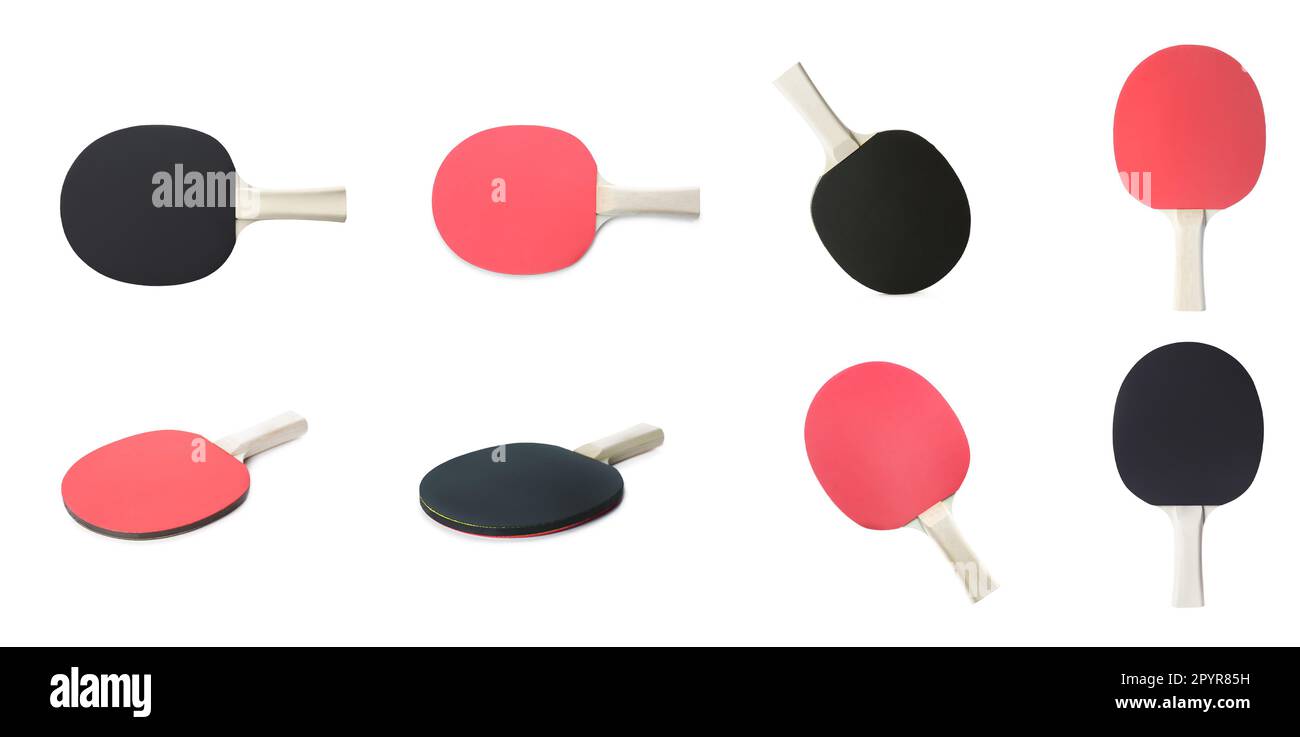 Set with ping pong rackets on white background Stock Photo - Alamy