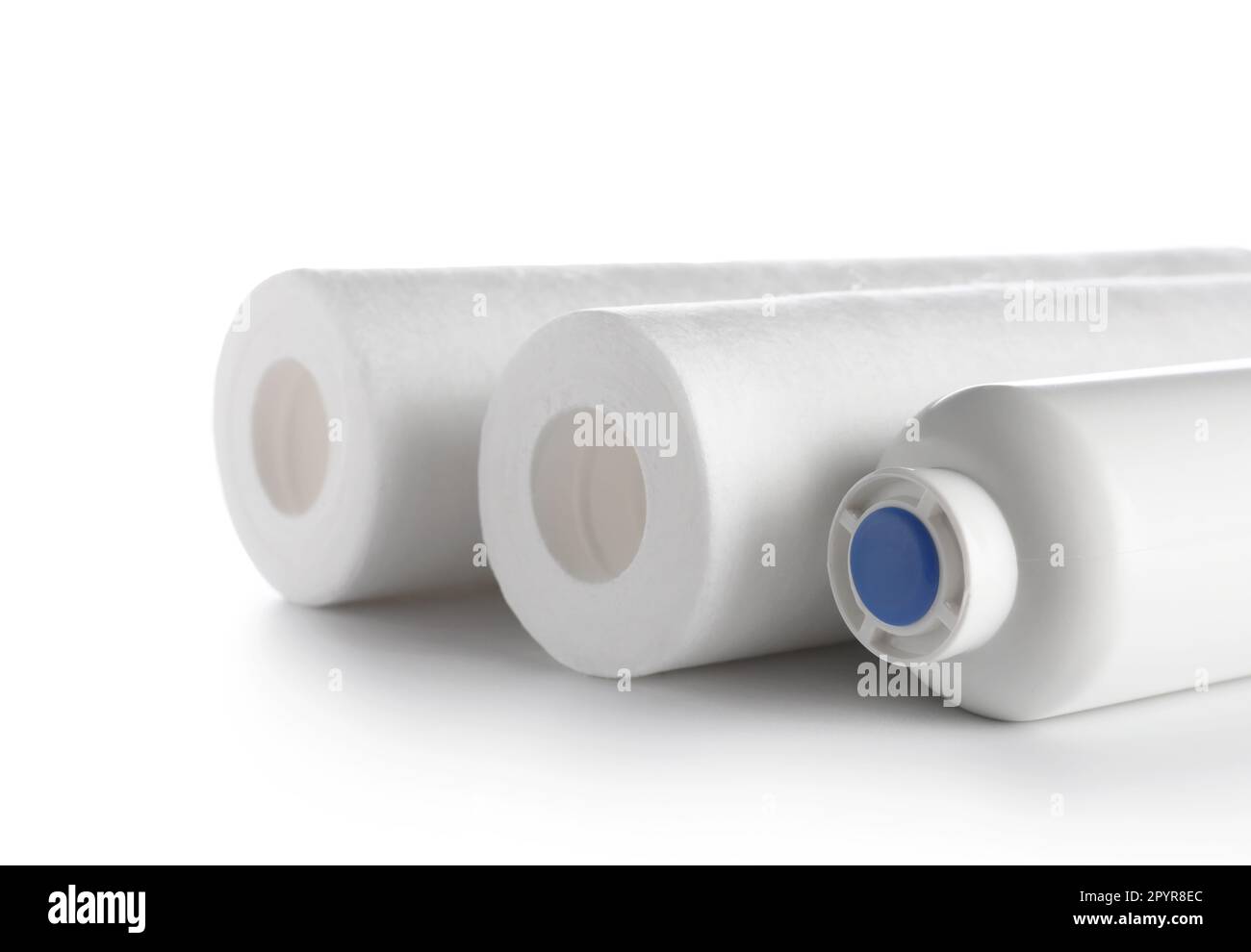 New water filter cartridges isolated on white background, closeup Stock ...