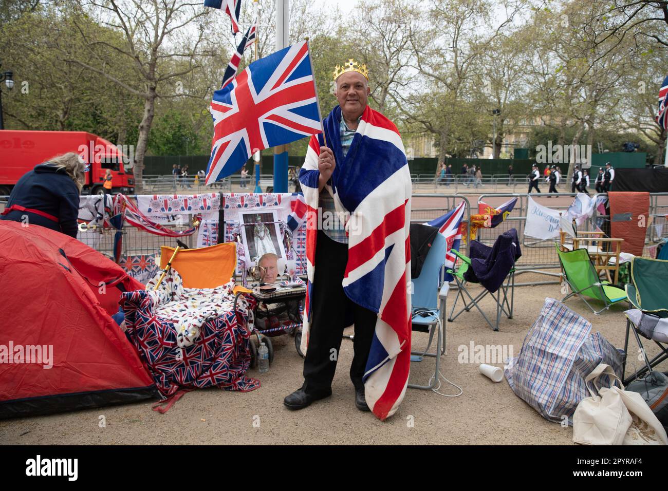 London, UK. 4th May, 2023. Royal fans camp on The Mall ahead of the Coronation, The Coronation of King Charles III and The Queen Consort will take place on May 6 2023. Credit: Lucy North/Alamy Live News Stock Photo