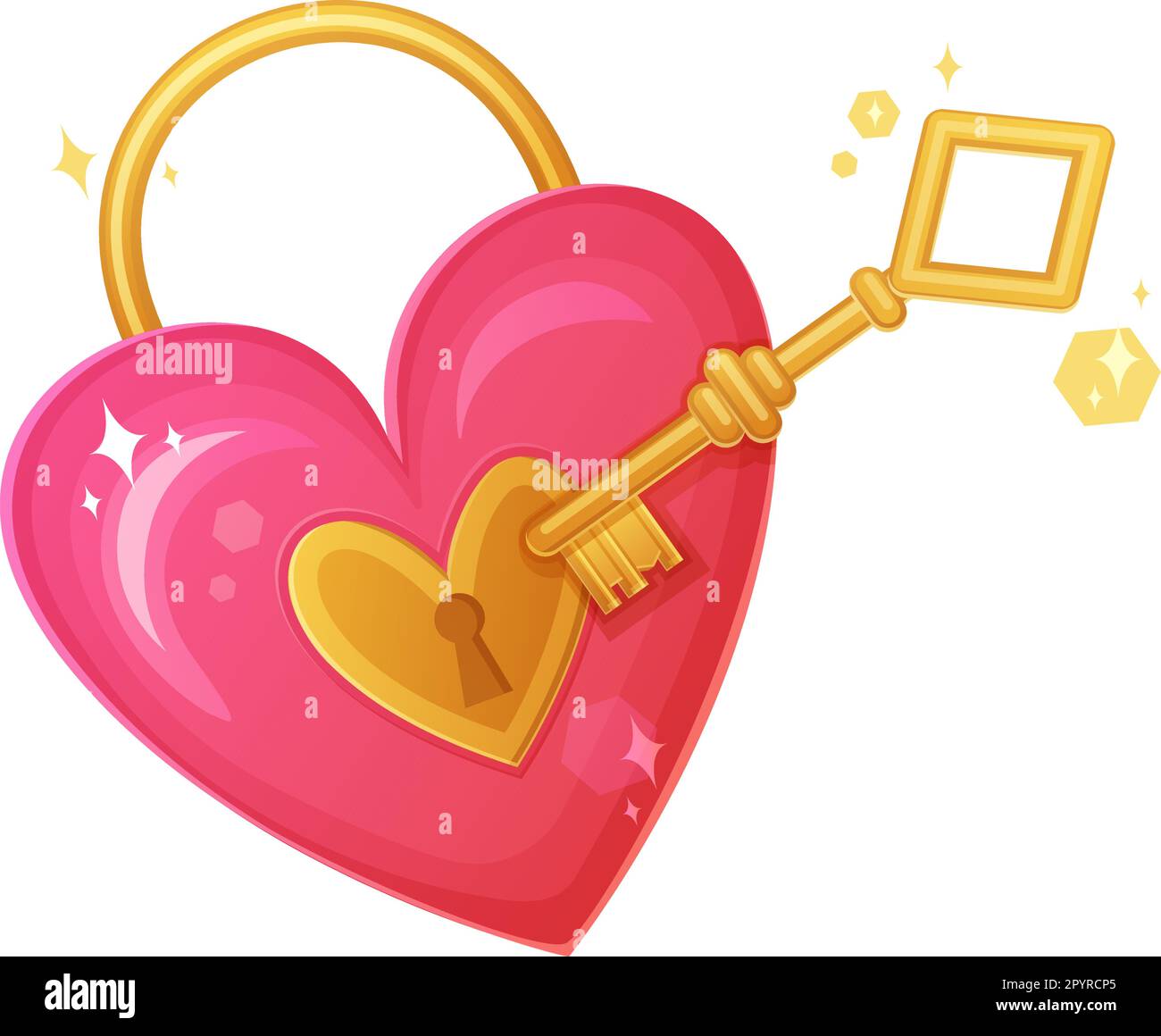 Pink heart shaped lock and golden key. Valentine day, romantic feelings