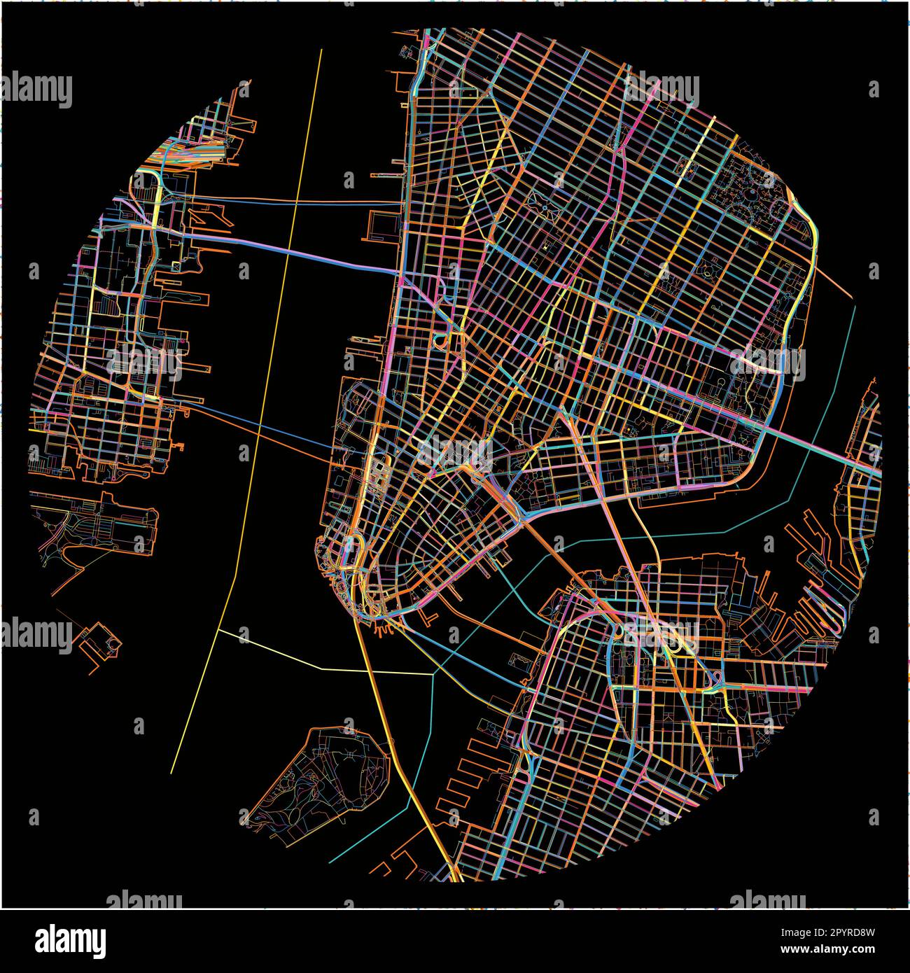 Map of NewYorkCity, New York with all major and minor roads, railways and waterways. Colorful line art on black background. Stock Vector
