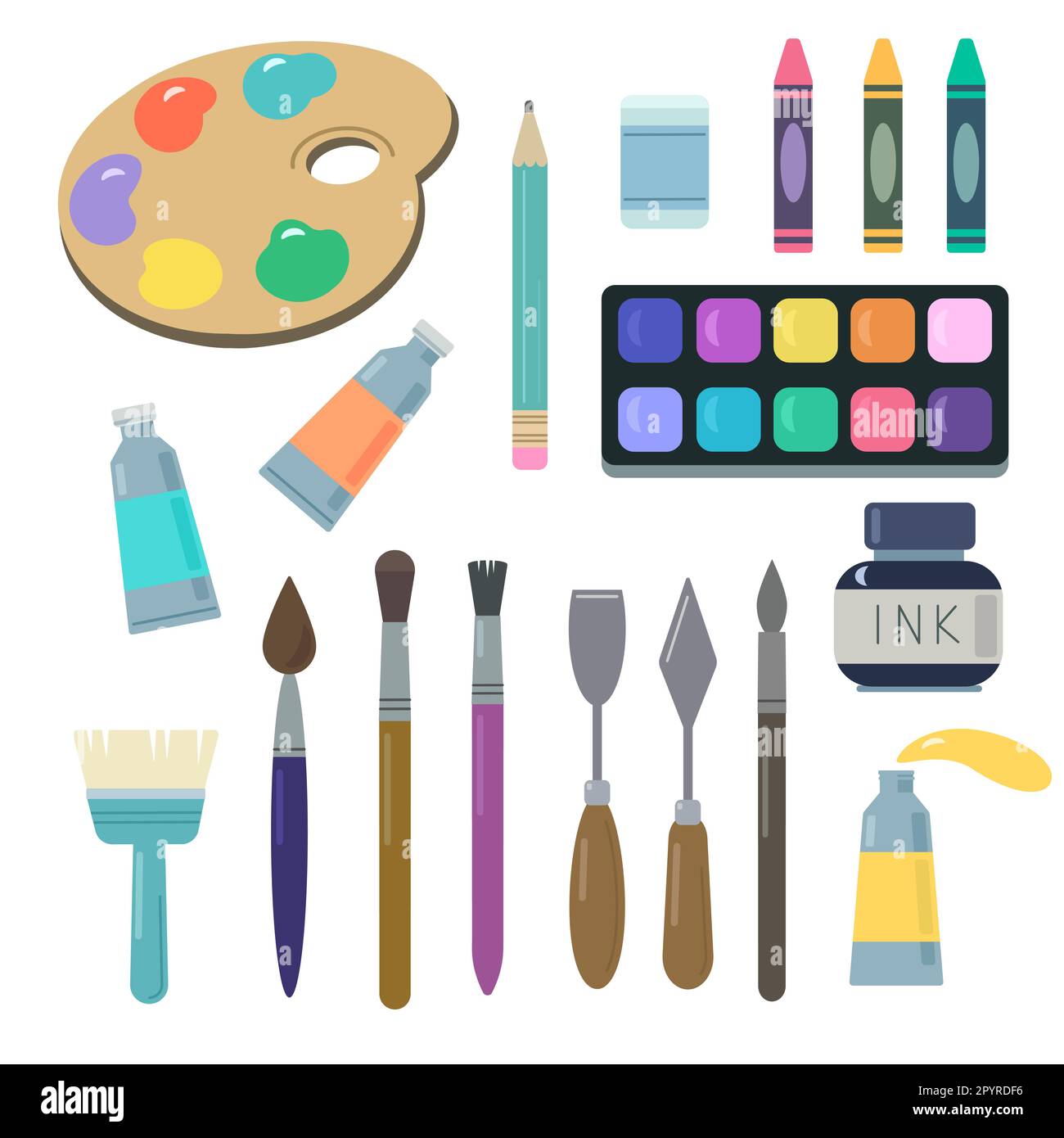 Free Vector  Different art supplies vector illustrations set. tools and  equipment for painting and drawing: paint tubes, brushes, pencils,  watercolor isolated on white background. art, craft, creativity concept