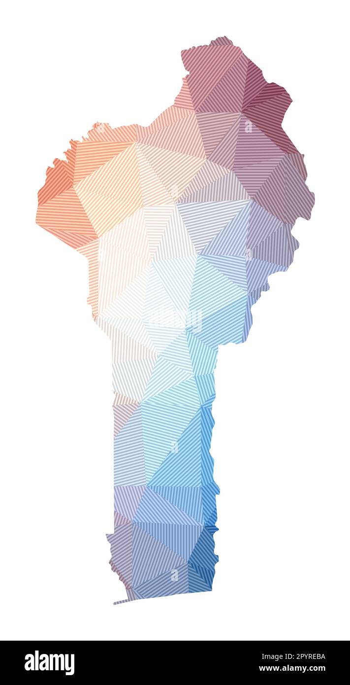 Map of Benin. Low poly illustration of the country. Geometric design with stripes. Technology, internet, network concept. Vector illustration. Stock Vector