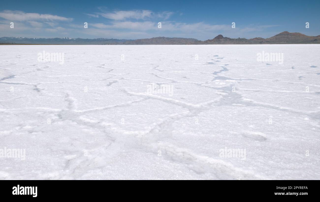 Usa, Utah. Bonneville Salt Flats with Silver Island Range in the distance. Stock Photo