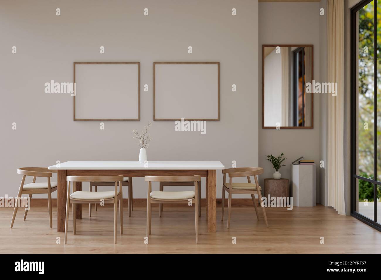 Interior design of a minimal Scandinavian dining room with wooden ...