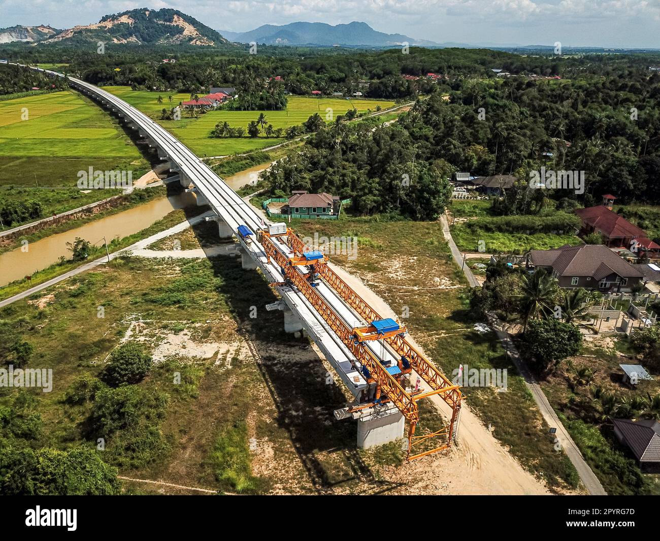 Kota Bharu. 26th Apr, 2023. This aerial photo taken on April 26, 2023 shows a construction site of the East Coast Rail Link (ECRL), a major infrastructure project under the Belt and Road Initiative (BRI) in Kelantan, Malaysia. TO GO WITH 'Feature: Chinese, Malaysian youths' dedication shines on BRI East Coast Rail Link megaproject' Credit: Zhu Wei/Xinhua/Alamy Live News Stock Photo