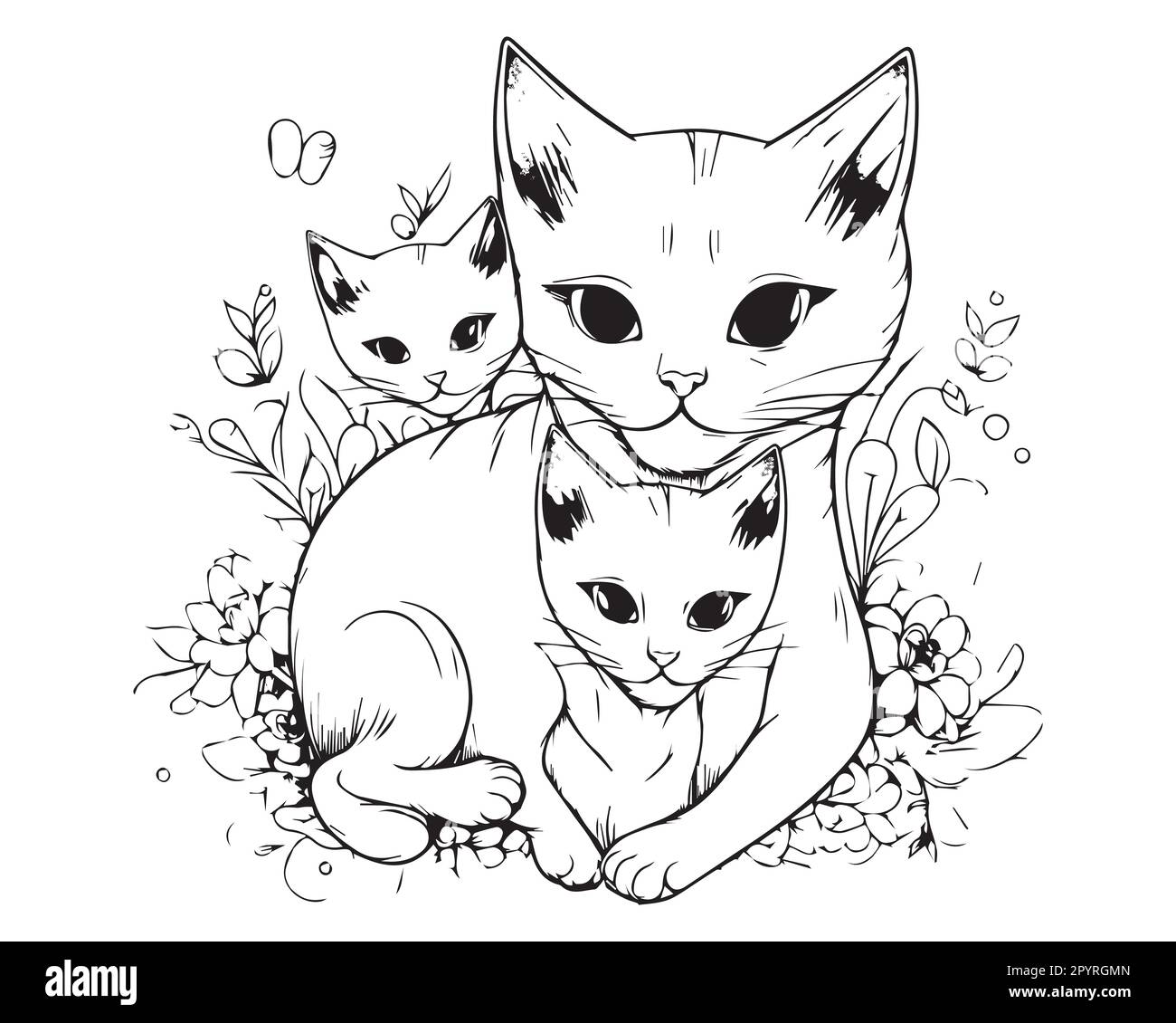 A cute cat sits with her son. A silhouette coloring page of a cat. Stock Vector