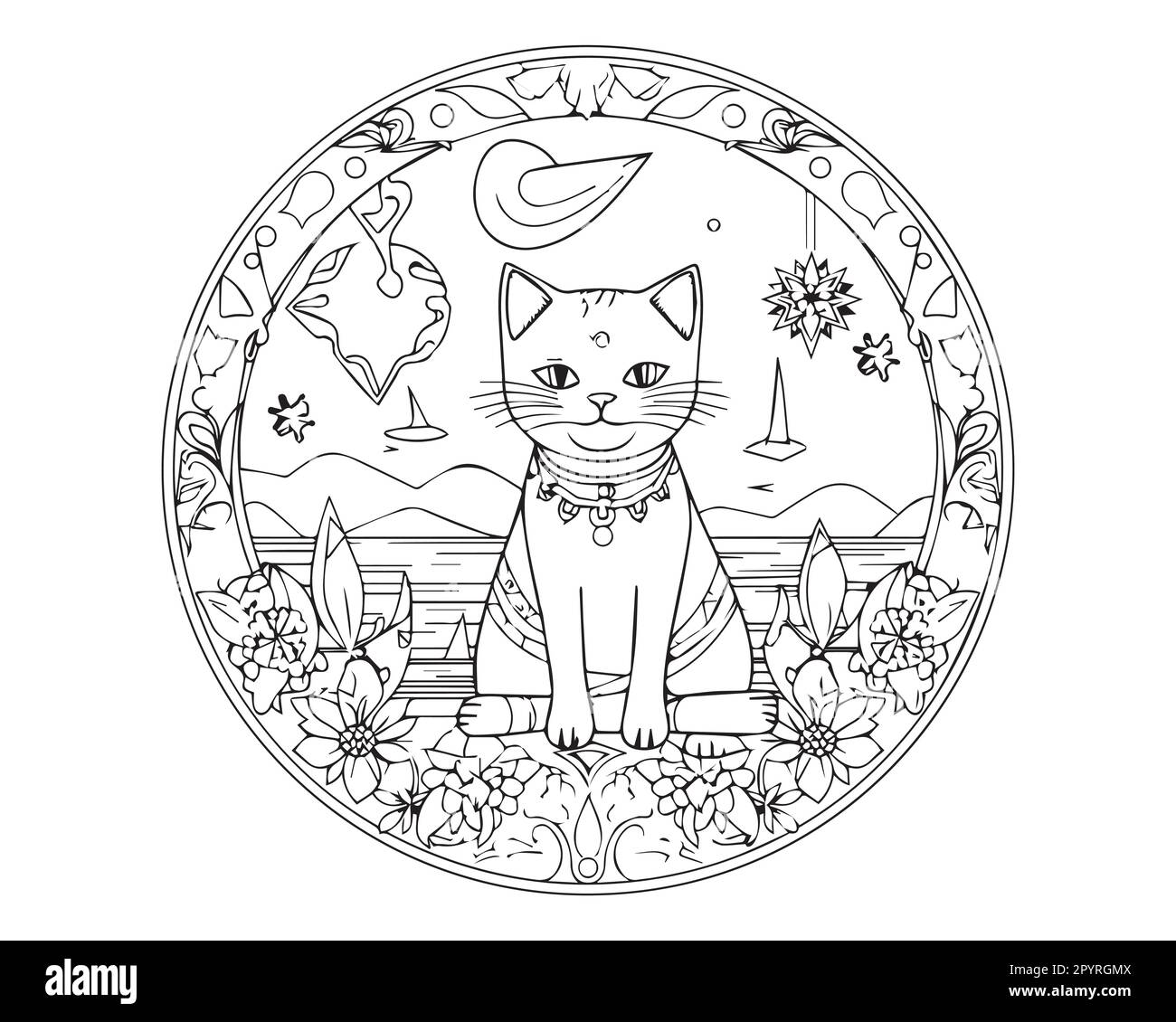 A black and white drawing of a cat with flowers in the middle silhouette coloring page. Cat vector illustration. Stock Vector