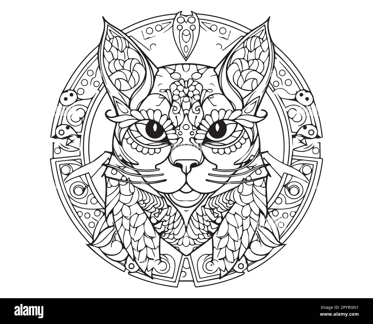 A cat with a pattern in the center. Silhouette tiger head black and white Stock Vector