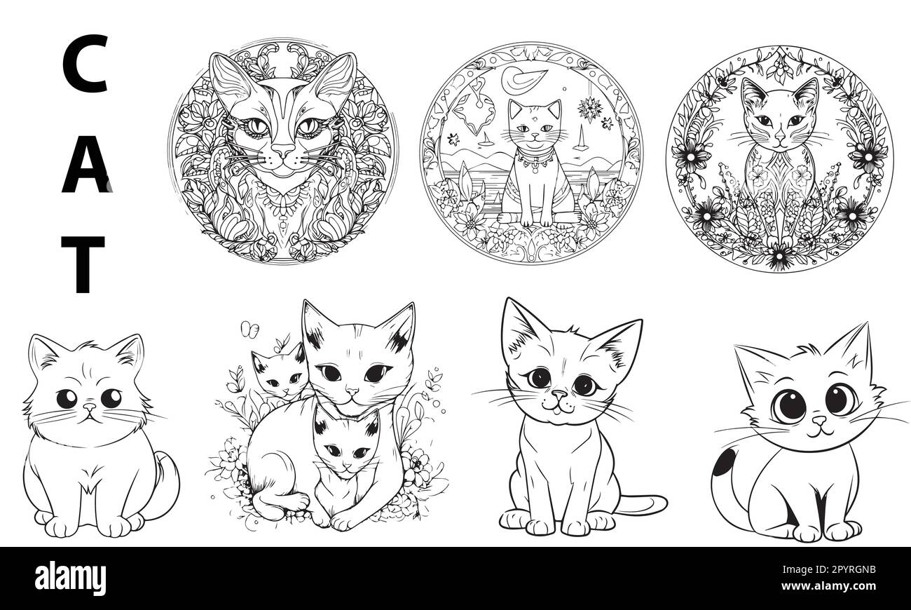 Vector black and white cartoon cats and kittens characters big set Stock Vector