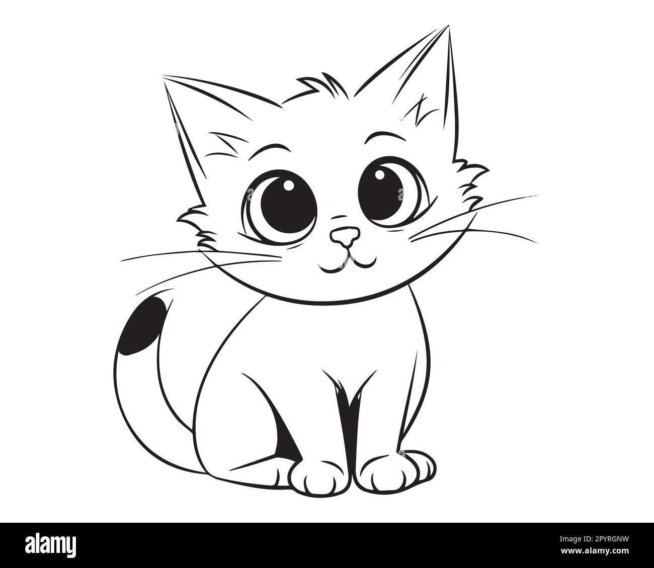 A black and white cat with big eyes sits on a white background. Silhouette cat coloring page vector. Stock Vector