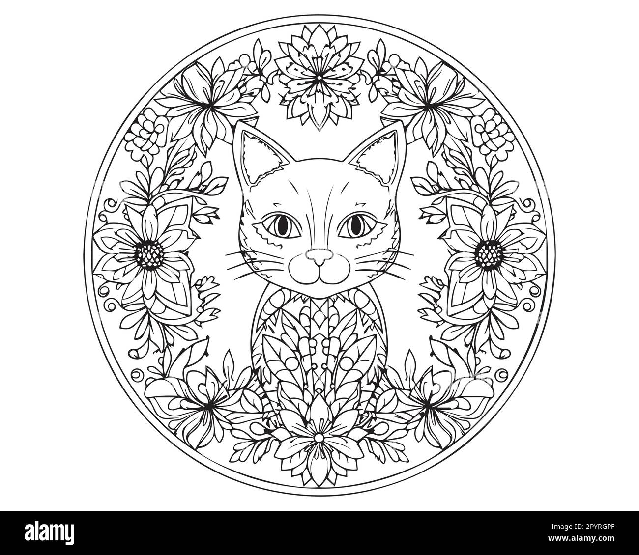 A black and white drawing of a cat with flowers in the middle silhouette coloring page. Cat vector illustration. Stock Vector