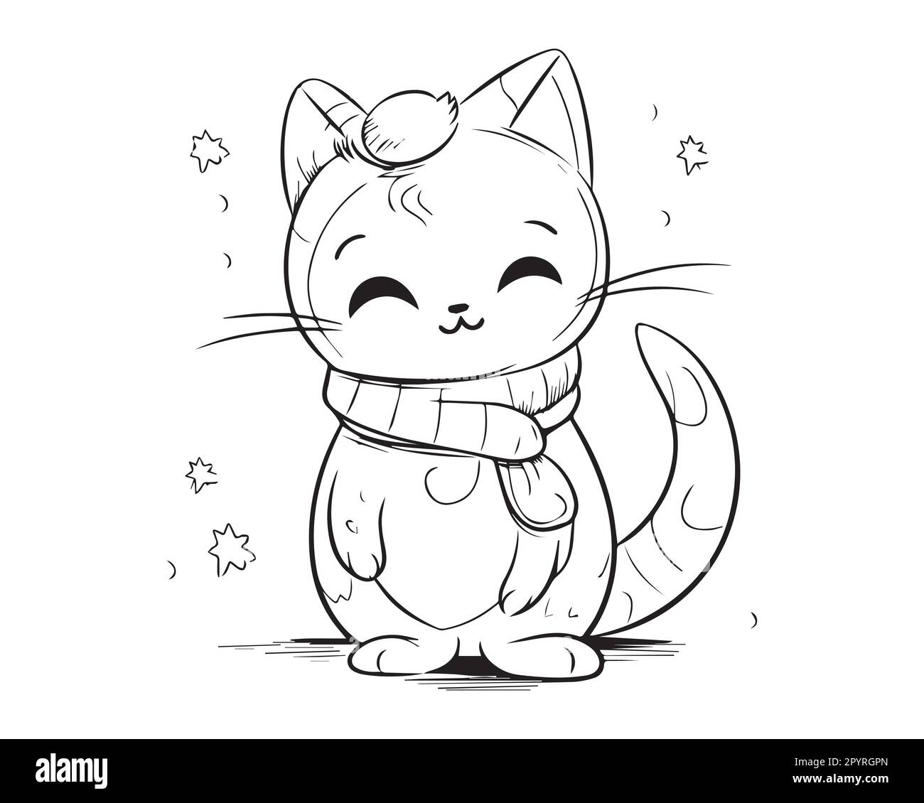 A cute silhouette cat. Coloring pages of winter cat line art vector. Stock Vector