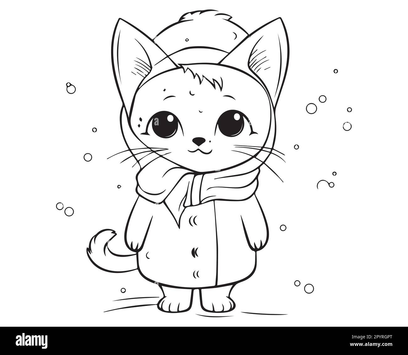 A cat in a coat and a scarf coloring pages. Cute cat coloring pages of cute cat outline art vector. Stock Vector