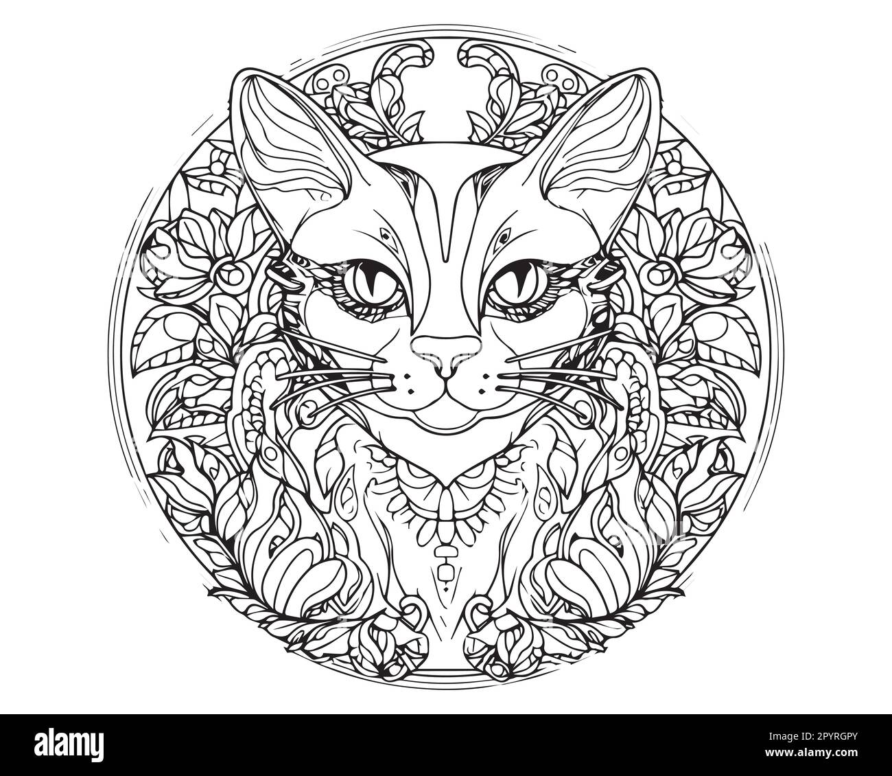 A cat with a pattern in the center. Silhouette tiger head black and white Stock Vector