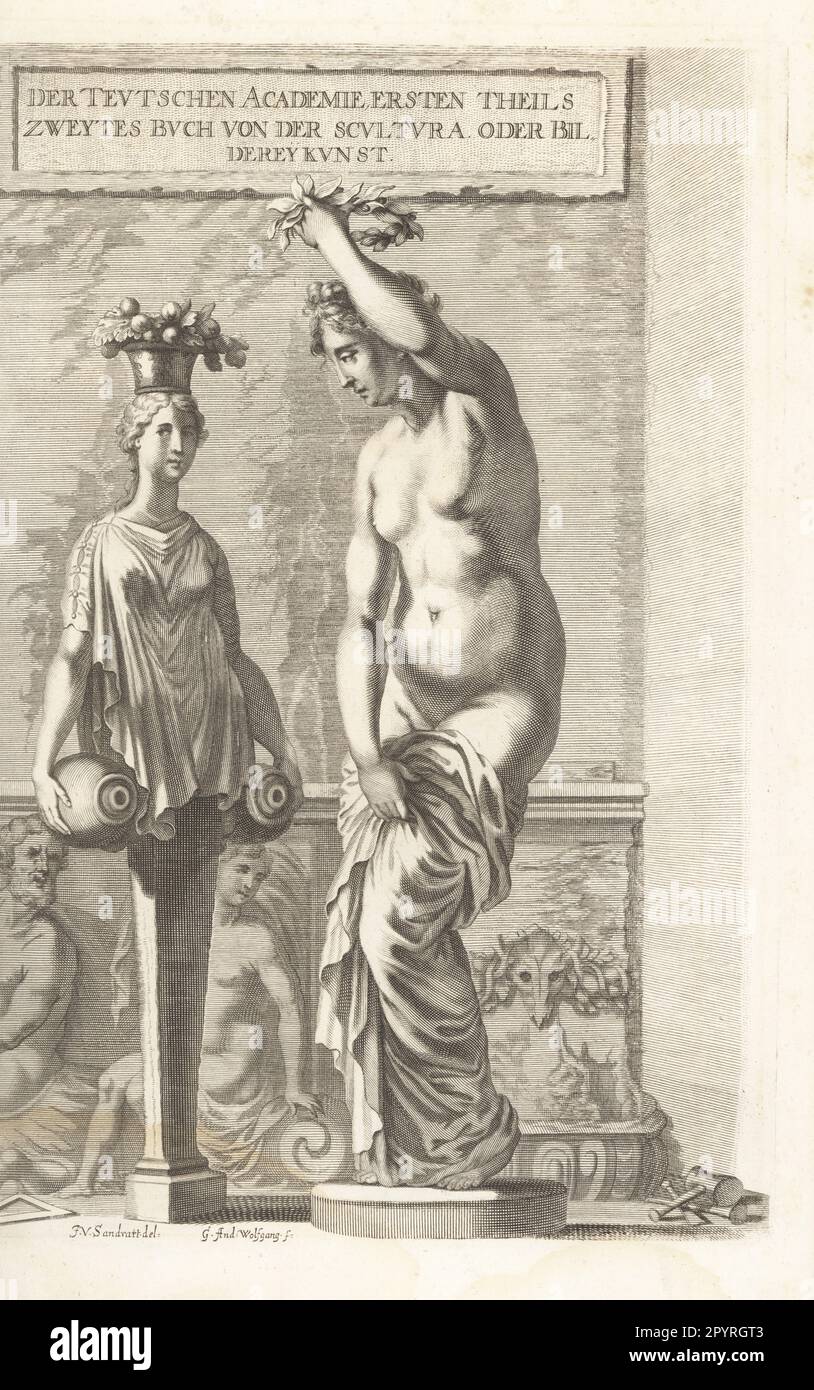 Allegorical frontispiece with personification of Sculpture, a figure of a woman crowning herself with laurels. A statue of a female figure Pomona with bowl of fruit and water urns. Mallet and chisels on the ground. Copperplate engraving by Georg Andreas Wolfgang after an illustration by Joachim von Sandrart from his L’Academia Todesca, della Architectura, Scultura & Pittura, oder Teutsche Academie, der Edlen Bau- Bild- und Mahlerey-Kunste, German Academy of Architecture, Sculpture and Painting, Jacob von Sandrart, Nuremberg, 1675. Stock Photo