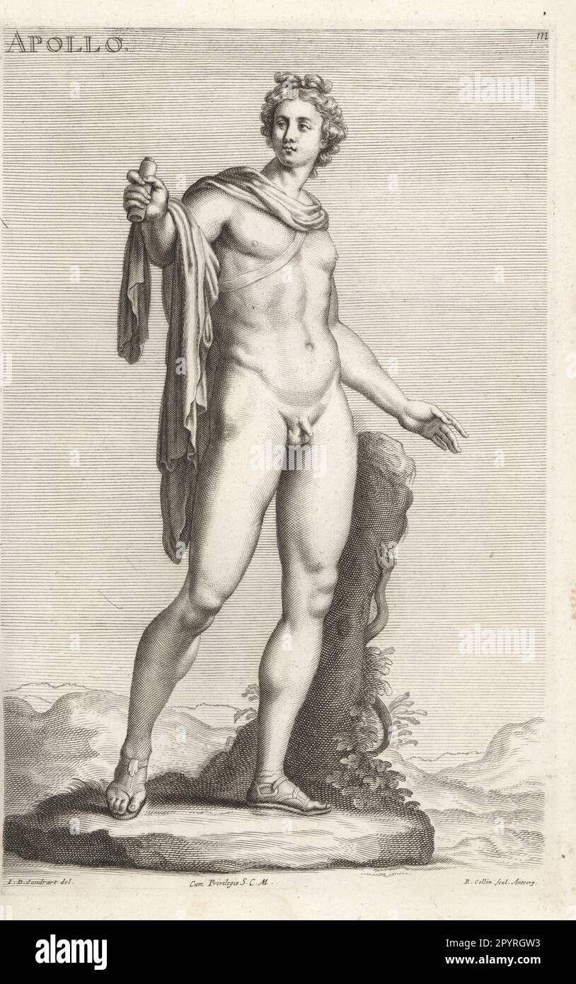 The Apollo Belvedere sculpture. Greek god Apollo with bow in his hand after shooting an arrow at the chthonic serpent Python. In chlamys cloak and sandals. From the Palazzo Belvedere, Rome. Copperplate engraving by Richard Collin after an illustration by Joachim von Sandrart from his L’Academia Todesca, della Architectura, Scultura & Pittura, oder Teutsche Academie, der Edlen Bau- Bild- und Mahlerey-Kunste, German Academy of Architecture, Sculpture and Painting, Jacob von Sandrart, Nuremberg, 1675. Stock Photo