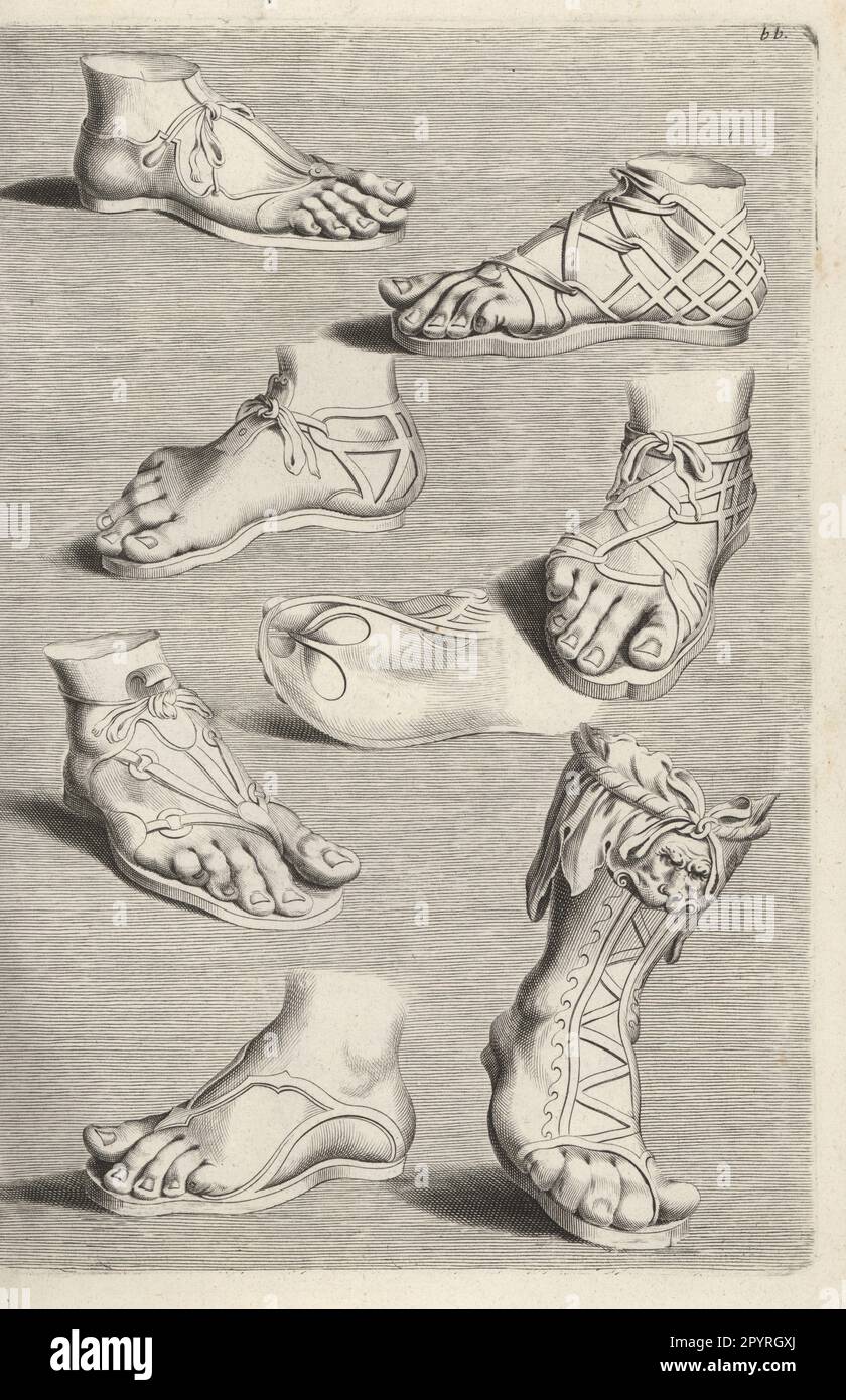 Roman leather footwear, sandals or solea, shoes, boots or calceus, etc. Imperial Roman boot or caligae at lower right. From sculptures in the Galleria Giustiniana. Copperplate engraving after an illustration by Joachim von Sandrart from his L’Academia Todesca, della Architectura, Scultura & Pittura, oder Teutsche Academie, der Edlen Bau- Bild- und Mahlerey-Kunste, German Academy of Architecture, Sculpture and Painting, Jacob von Sandrart, Nuremberg, 1675. Stock Photo