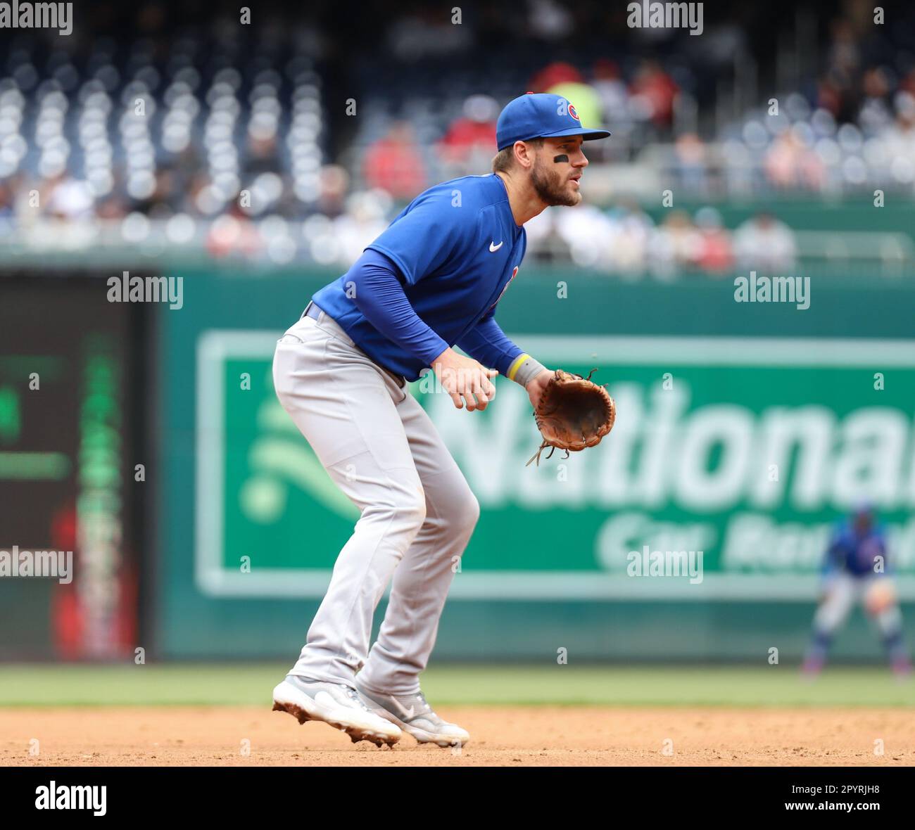 Chicago Cubs third baseman Patrick Wisdom (16) in the fielding position at third base at the Washington Nationals vs Chicago Cubs game at Nationals Park in Washington D.C. on May 3rd 2023 The Nationals defeated the Cubs 4-3. (Alyssa Howell/Image of Sport) Stock Photo