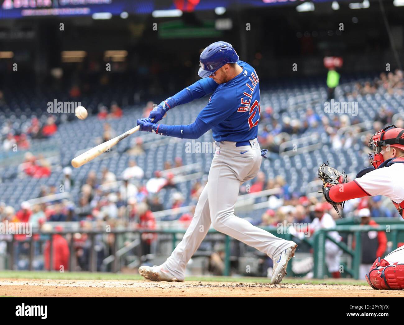 Chicago Cubs center fielder Cody Bellinger drives in a run with a