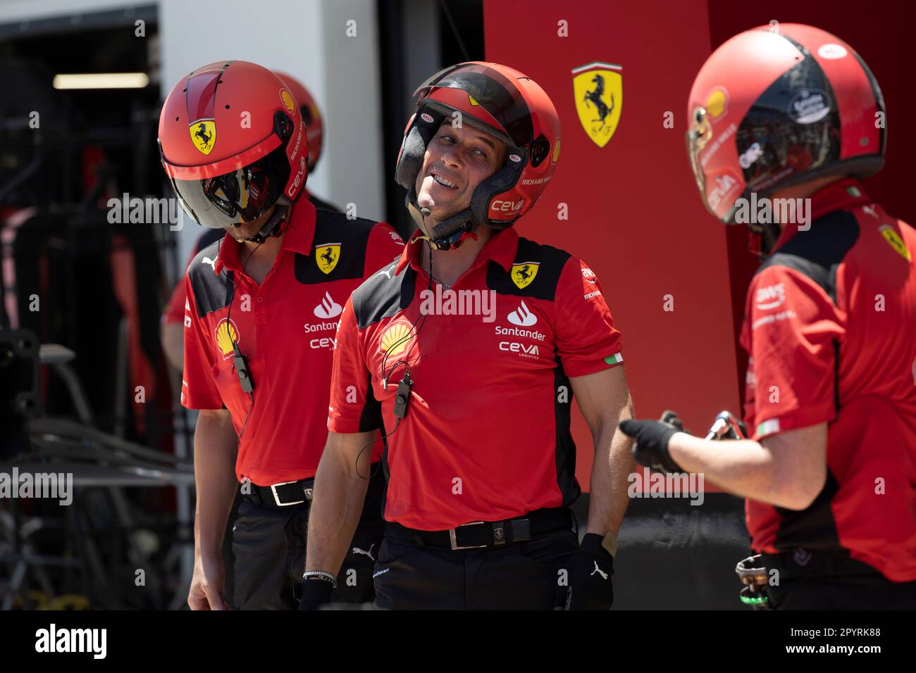 Miami, Florida, USA. 4th May, 2023. Scuderia Ferrari mechanics and team members practice a pit