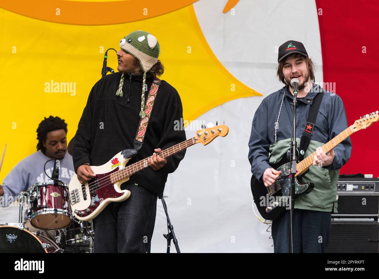 Seattle, USA. 4th May, 2023. An outside free show at the Amazon campus in South Lake Union. The Tacoma Indie band Enumclaw took the stage adjacent to the Amazon Spheres at 5:00pm. Credit: James Anderson/Alamy Live News Stock Photo