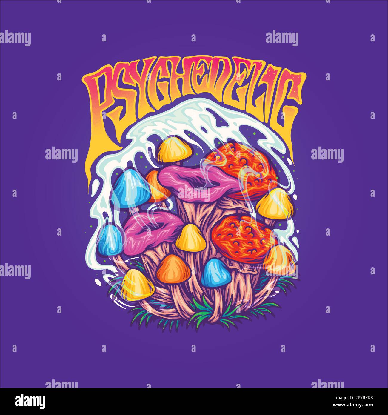 Magic mushroom family plant with psychedelic typeface illustrations vector for your work logo, merchandise t-shirt, stickers and label designs, poster Stock Vector