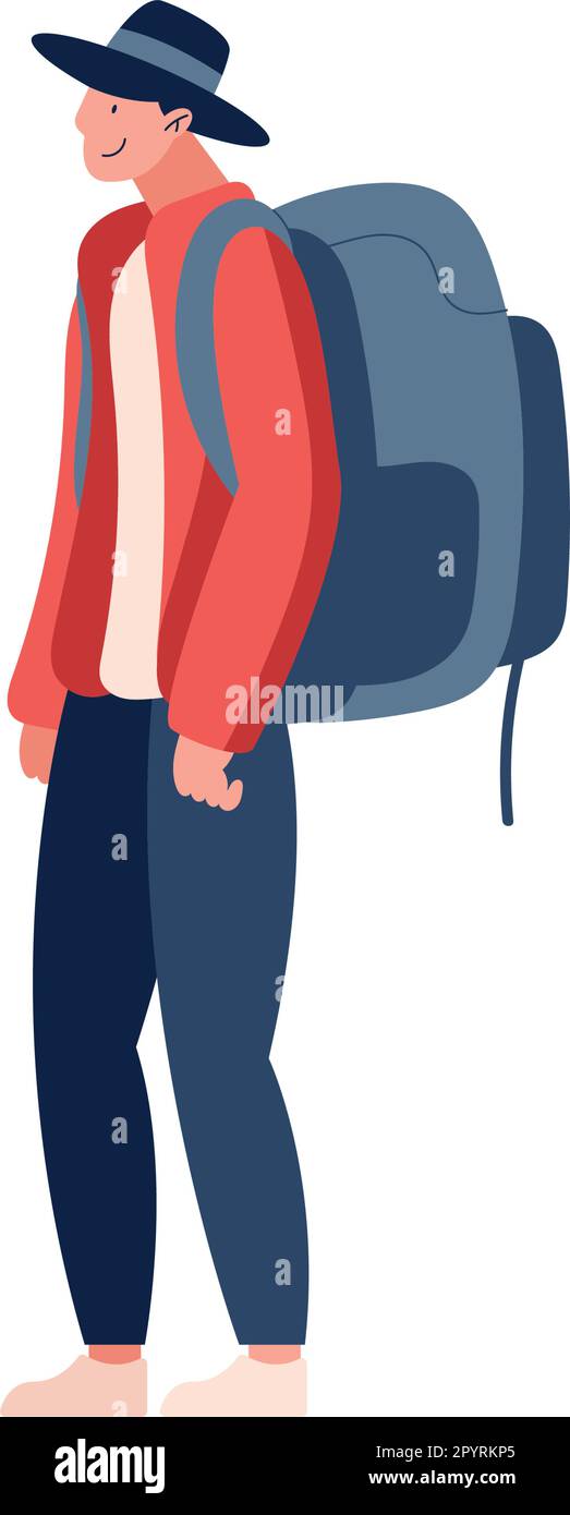 One person with backpack in nature over white Stock Vector